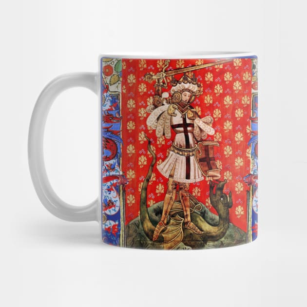 St. George and Dragon Medieval Miniature ,Red Blue White Floral Motifs by BulganLumini